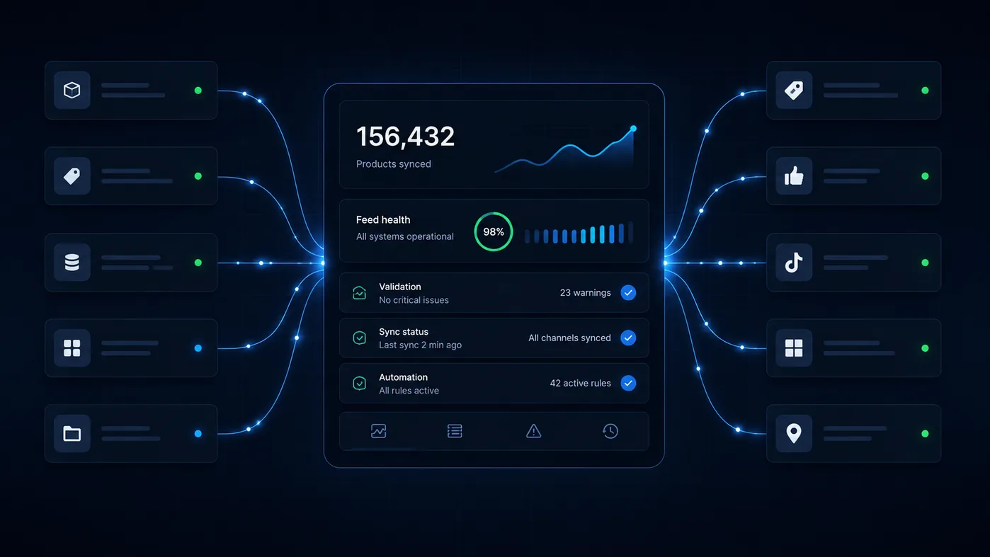 IRONFEED dashboard showing 156,432 products synced across Google, Meta and TikTok with feed health at 98%