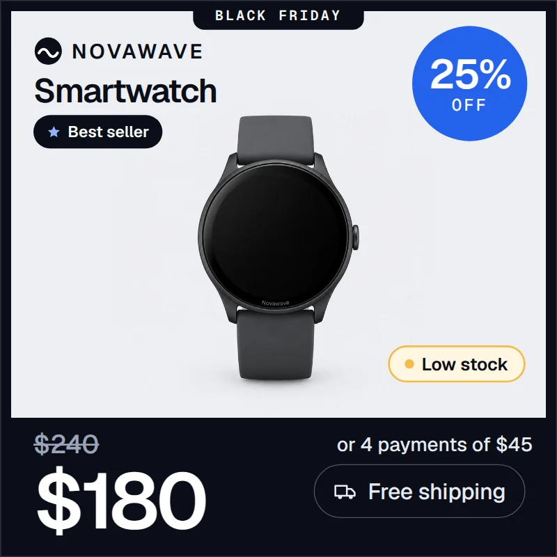 Dynamic ad for the same Novawave smartwatch showing price, discount, stock and logo on the image
